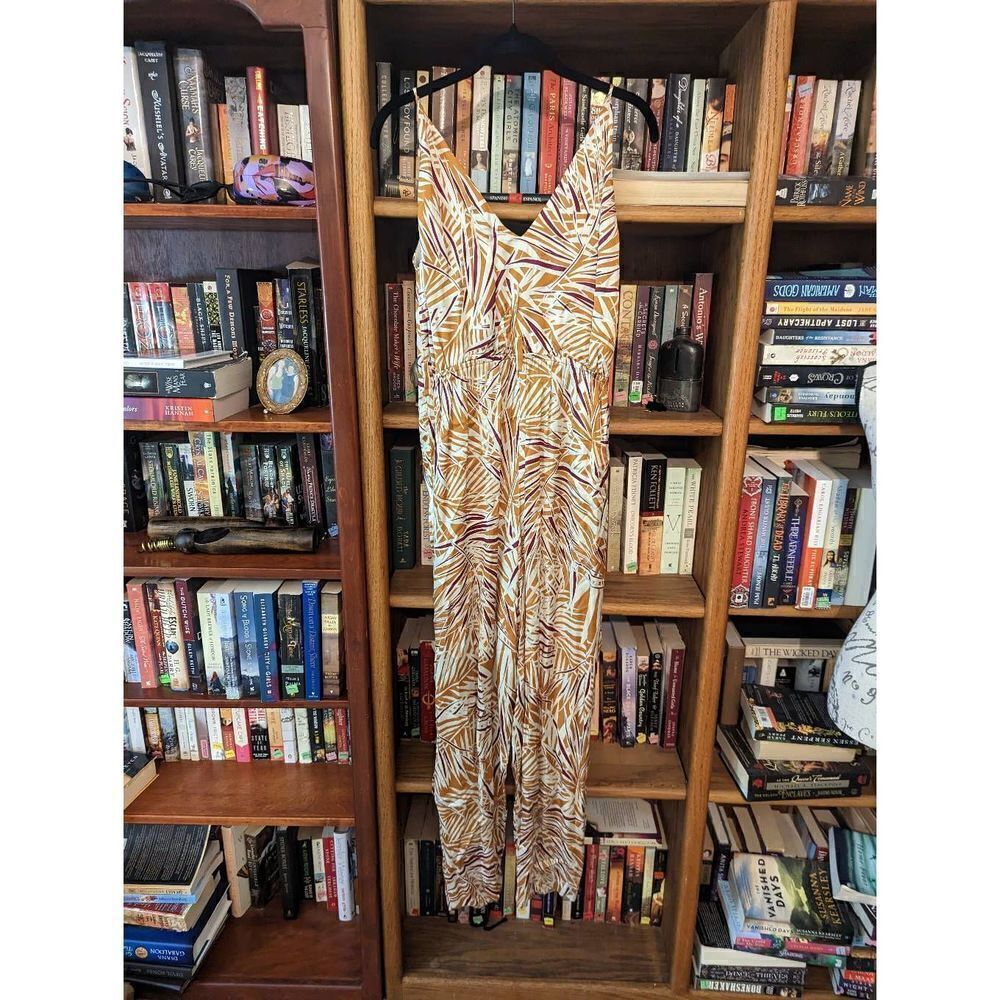 Mango silk bamboo pattern spaghetti strap jumpsuit sz xs brown and orange euc